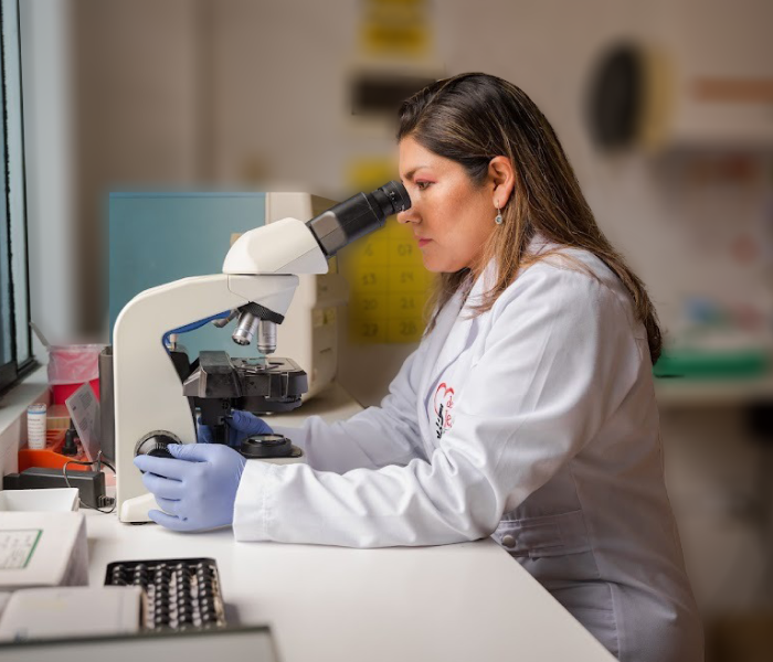 Laboratorista revisando unas muestras con un microscopio